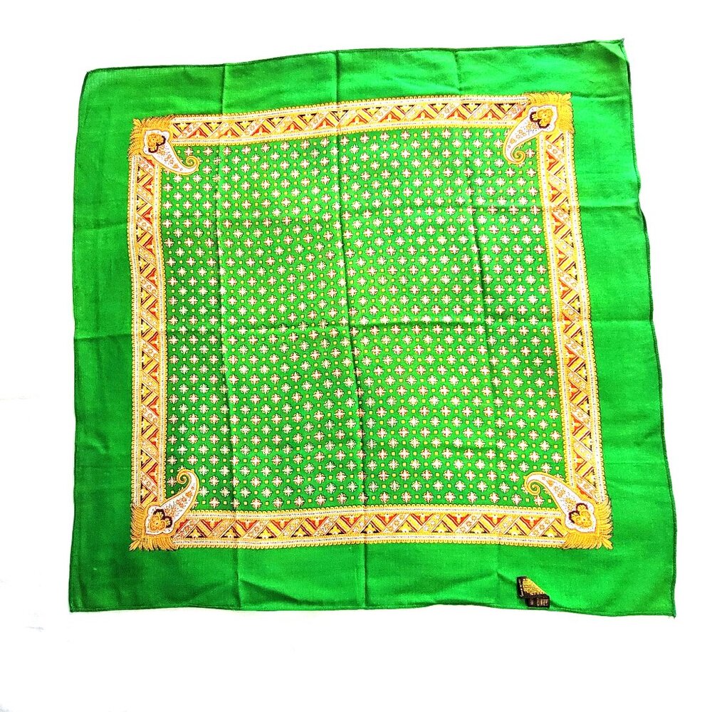 Vintage 100% Virgin Wool Square Scarf - Kelly Green Paisley & Geometric Foulard
